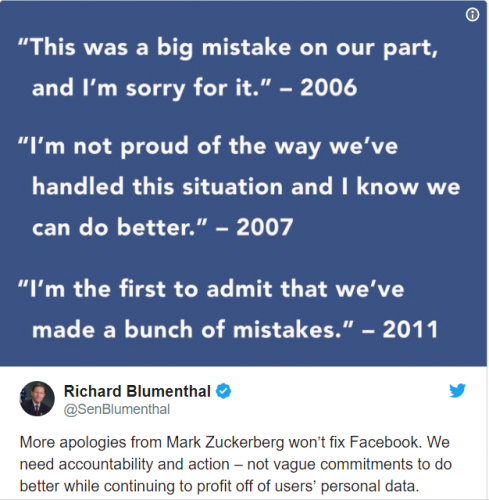 Une liste des excuses publiques de Mark Zuckerberg.