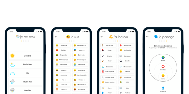 Sur l'application Kigili, l'utilisateur partage ses émotions en 5 étapes