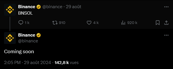 Capture d'écran d'un tweet de Binance concernant le BNSOL