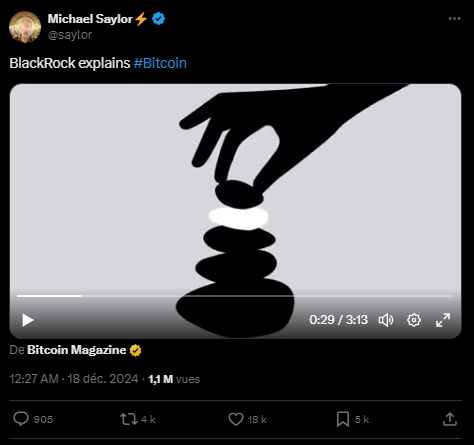 Capture d'un tweet de Saylor partageant la vidéo sur le Bitcoin de BlackRock